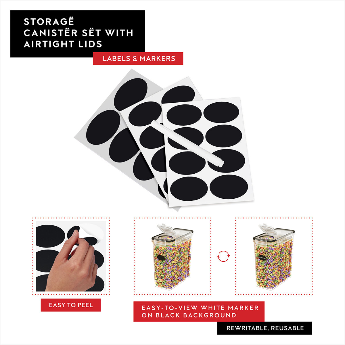 Cereal Airtight Food Storage Containers For Flour & Sugar Including 1 Marker & 8 Labels (Set of 4)
